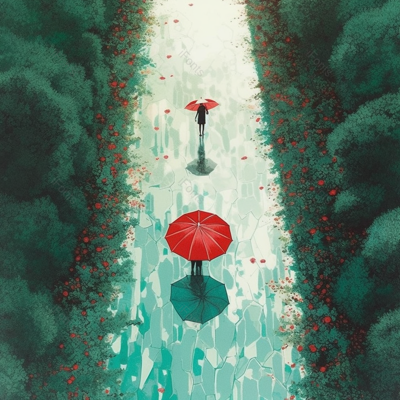绿色雨天红伞林间穿过插画背景壁纸,插画/手绘图,插画/手绘图库,插画/手绘图下载,插画/手绘